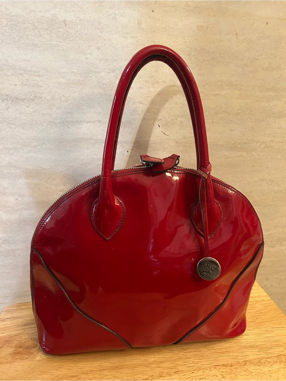 Vintage Furla patent leather satchel bag, Ruby Red, Genuine Leather